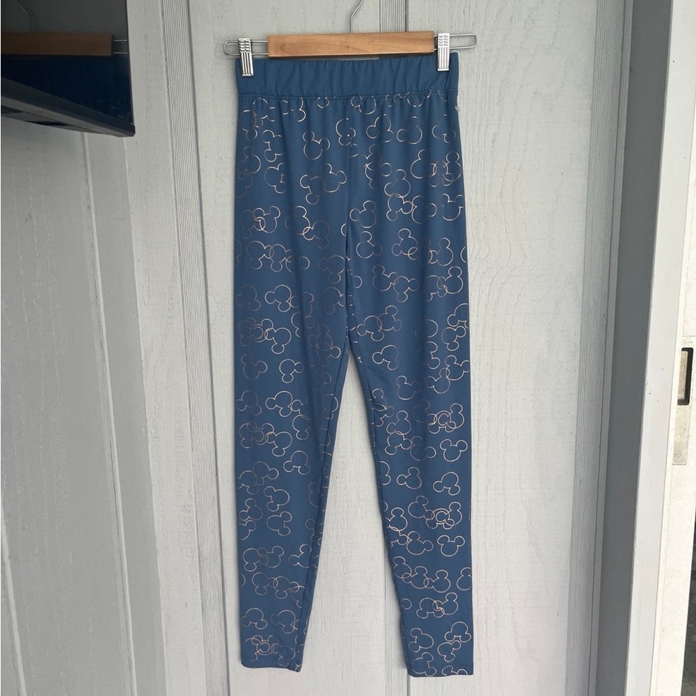 Disney Girls Blue Leggings with Gold Mickey Mouse Pattern EUC
